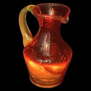 Amberina Art Glass Mini Pitcher Creamer Crackle Applied Handle Cadmium Glow